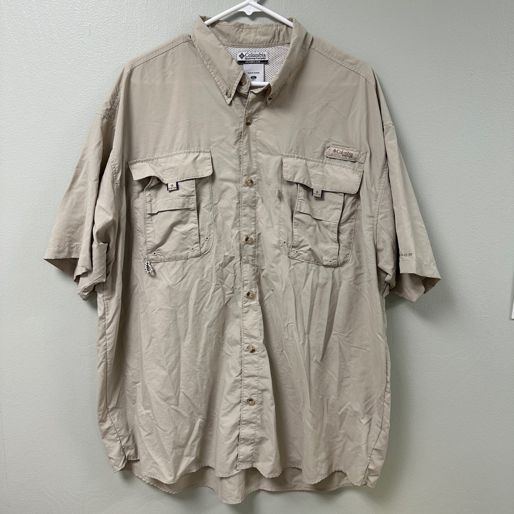 Columbia PFG Mens XL Bahama II Short Sleeve Fishing Shirt Tan Khaki Omni-Shade